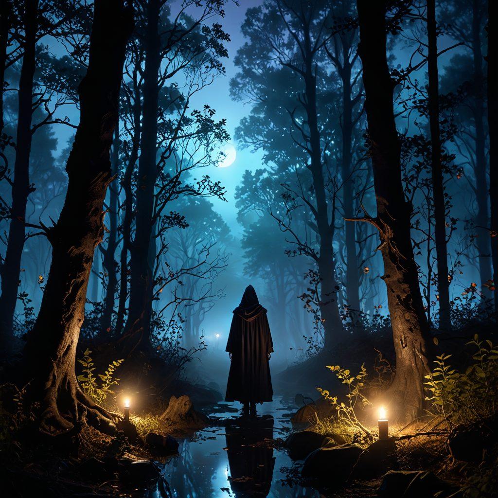 A mysterious forest at twilight, with shadows hinting at hidden secrets. An ethereal youth stands at the center, surrounded by swirling mist and faintly glowing symbols symbolizing controversy and allure. In the background, a treacherous yet enchanting path leads into darkness, suggesting adventure and risk. Stars peek through the trees, adding a magical atmosphere. surreal, dark fantasy, vibrant colors.