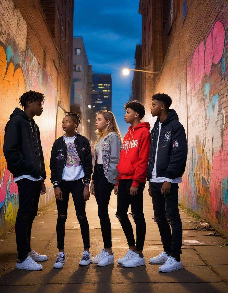 A young, diverse group of teens gathered in an urban setting, engaging in spirited conversation while surrounded by symbolic representations of taboo themes like graffiti art, mysterious objects, and hidden secrets. The backdrop features a twilight cityscape that hints at rebellion and exploration, with vibrant, contrasting colors highlighting the excitement of youth culture. super-realistic. vibrant colors. urban style.