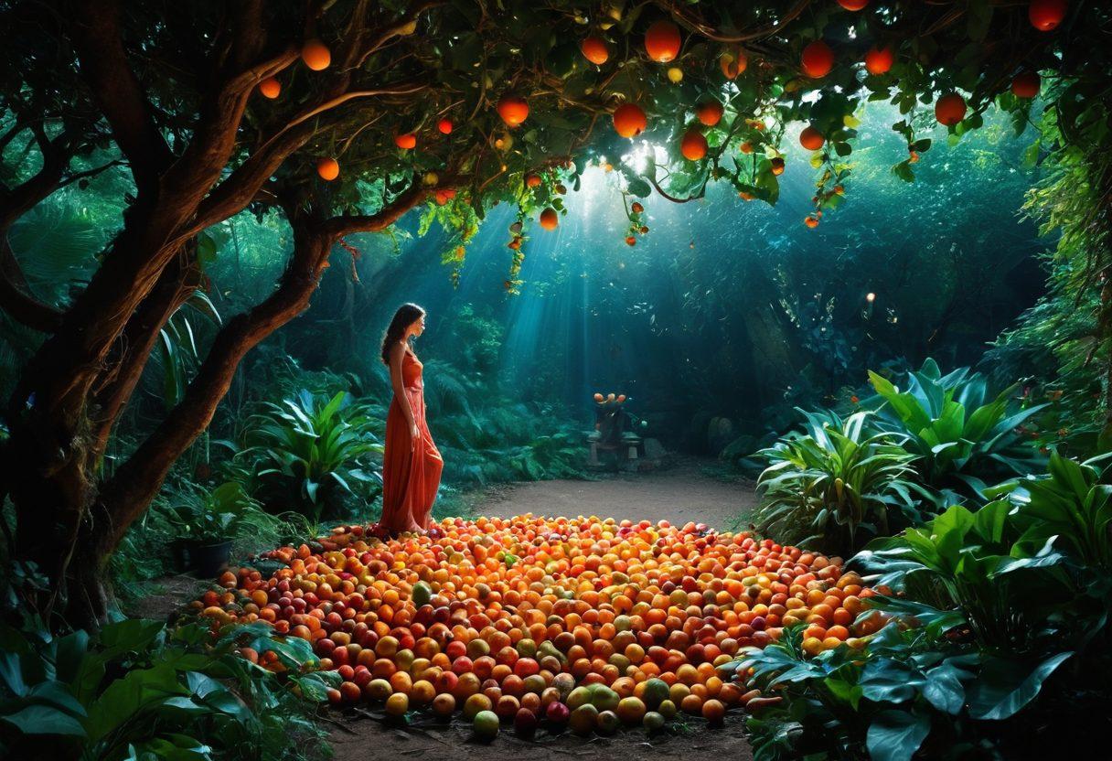 A dramatic and evocative scene depicting a group of diverse, young individuals exploring a lush, forbidden garden filled with vibrant, colorful fruits. The atmosphere is charged with a sense of adventure and risk, as they reach for the alluring fruits, with a hint of danger lurking in the shadows. Emphasize the contrast between innocence and temptation in this narrative. surrealistic. vibrant colors. dynamic composition.